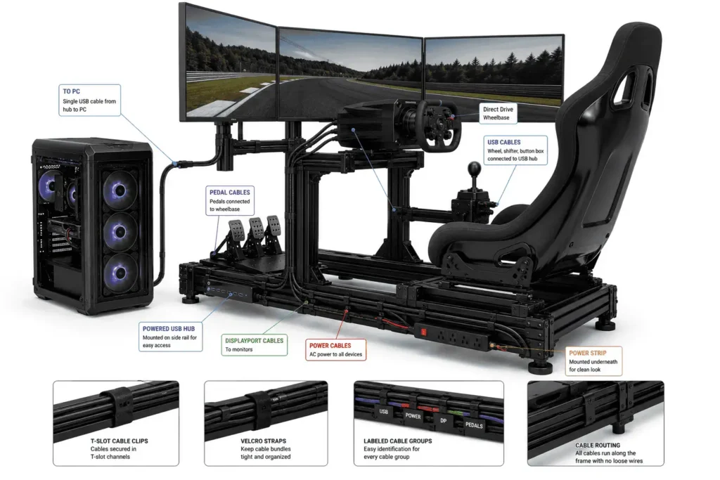 Clean sim racing rig cable management with neatly routed power and USB cables.