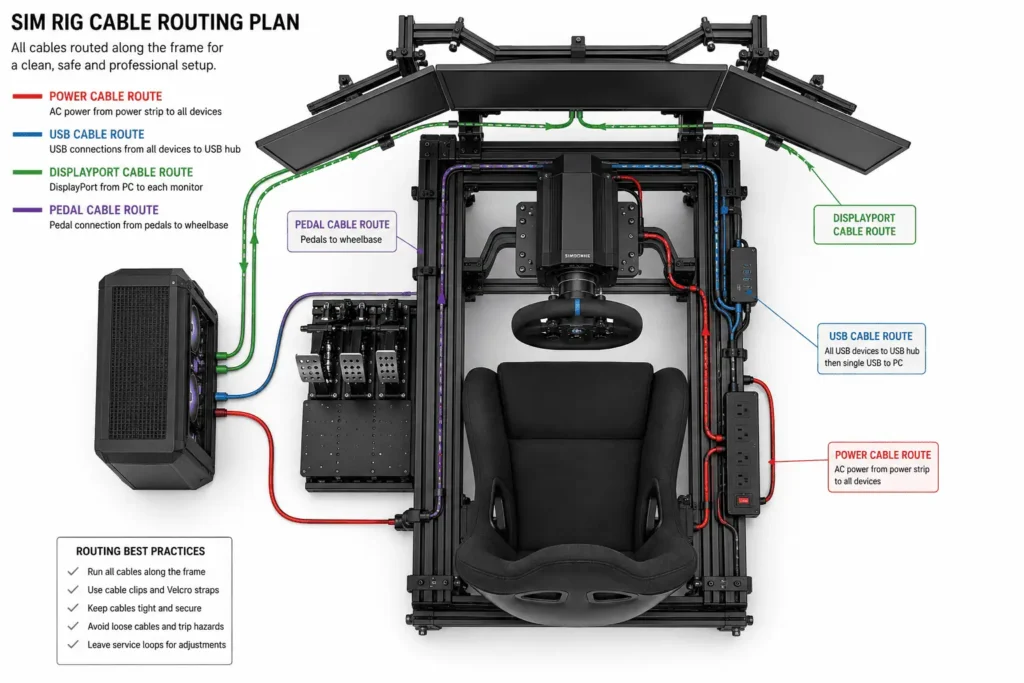 Top view showing the ideal cable routing plan for a sim racing rig.