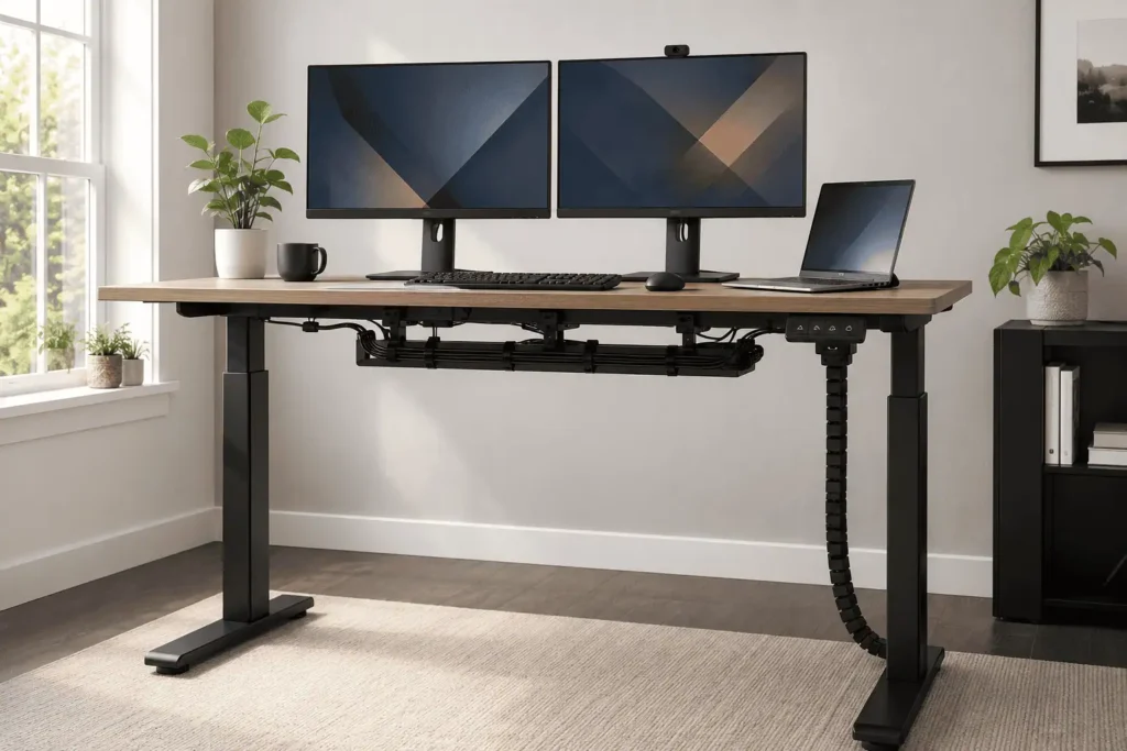 Standing desk with neatly managed cables and proper cable slack.