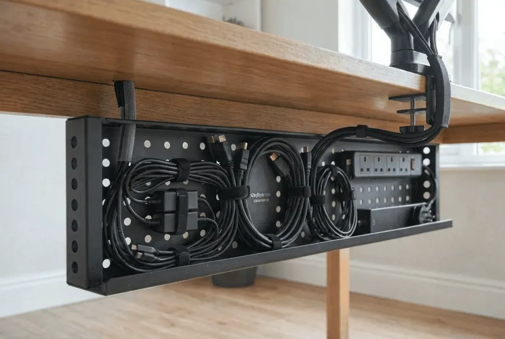 Under-desk cable tray organizing monitor cables and power strip