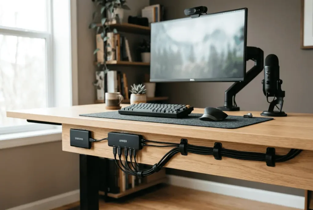 USB Hub Cable Management: Essential Tips for a Tidy Workspace USB hub cable management with neatly routed cables under a clean desk
