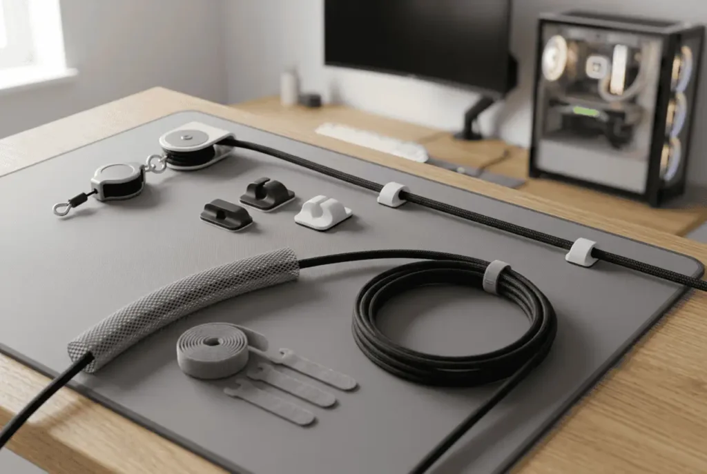 VR cable management accessories including ceiling pulleys cable clips cable sleeves and Velcro cable ties