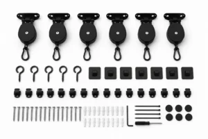 VR cable pulley system kit with retractable pulleys ceiling hooks and cable clips