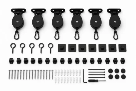 VR cable pulley system kit with retractable pulleys ceiling hooks and cable clips