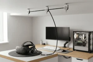 VR headset cable management setup with a ceiling pulley system above a custom gaming desk