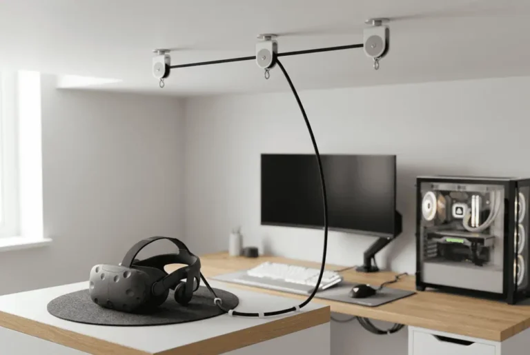 VR Headset Cable Management: Easy Fixes That Really Work VR headset cable management setup with a ceiling pulley system above a custom gaming desk