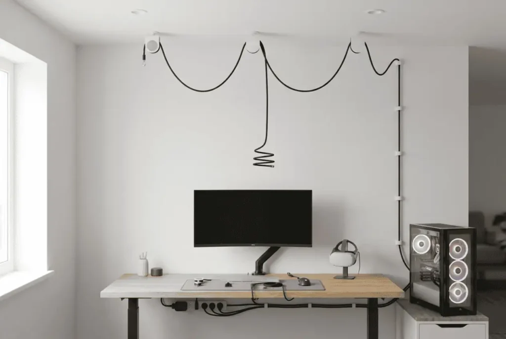 Proper VR headset cable routing from a gaming PC through a ceiling pulley system