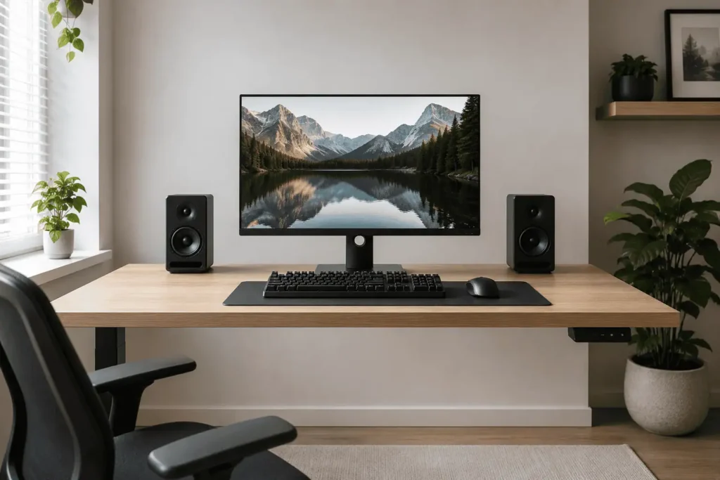 Minimalist desk with hidden cables creating a wireless appearance.