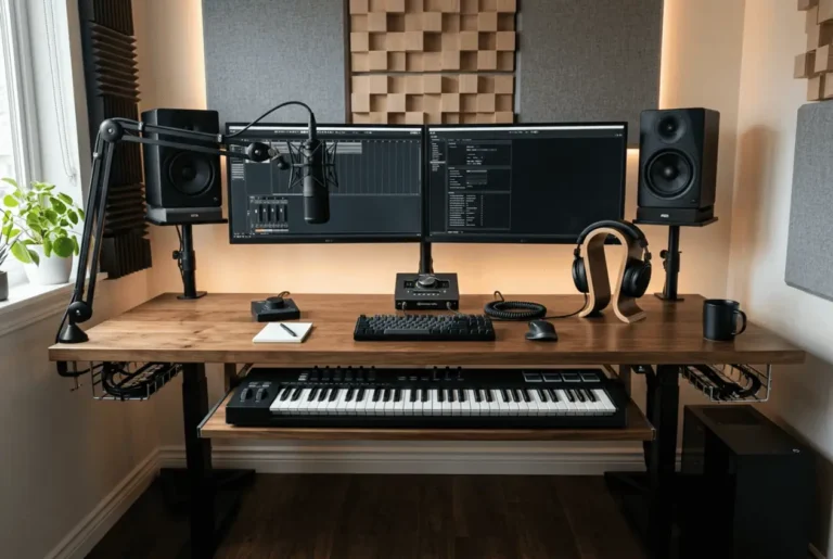 Audio interface cable management with organized USB, XLR, TRS, and power cables under a studio desk