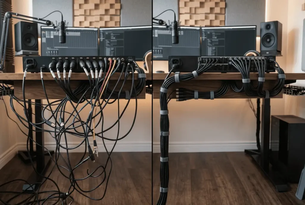 Before and after audio interface cable management comparison