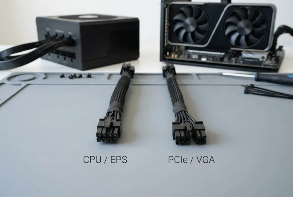 CPU EPS cable and PCIe GPU power cable side by side
