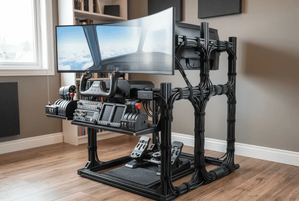 Dedicated flight simulator cockpit with cables secured along the frame