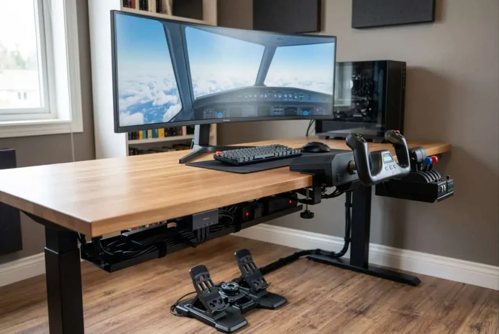 Desk flight simulator with under-desk cable tray and organized cables