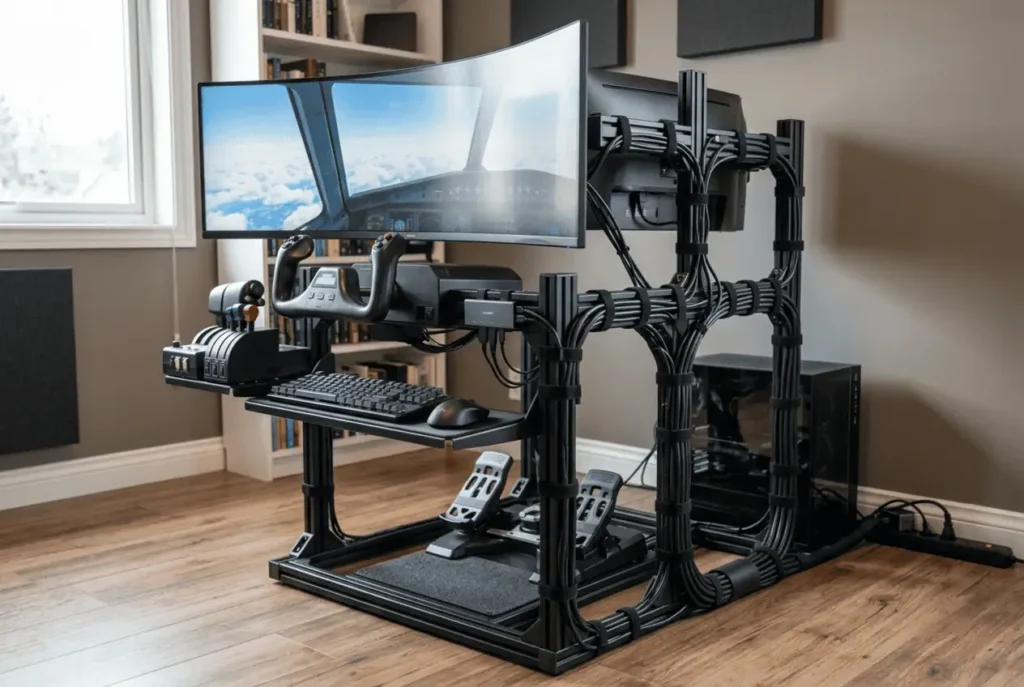 Flight simulator cable management with organized yoke, throttle, pedal, USB, and power cables