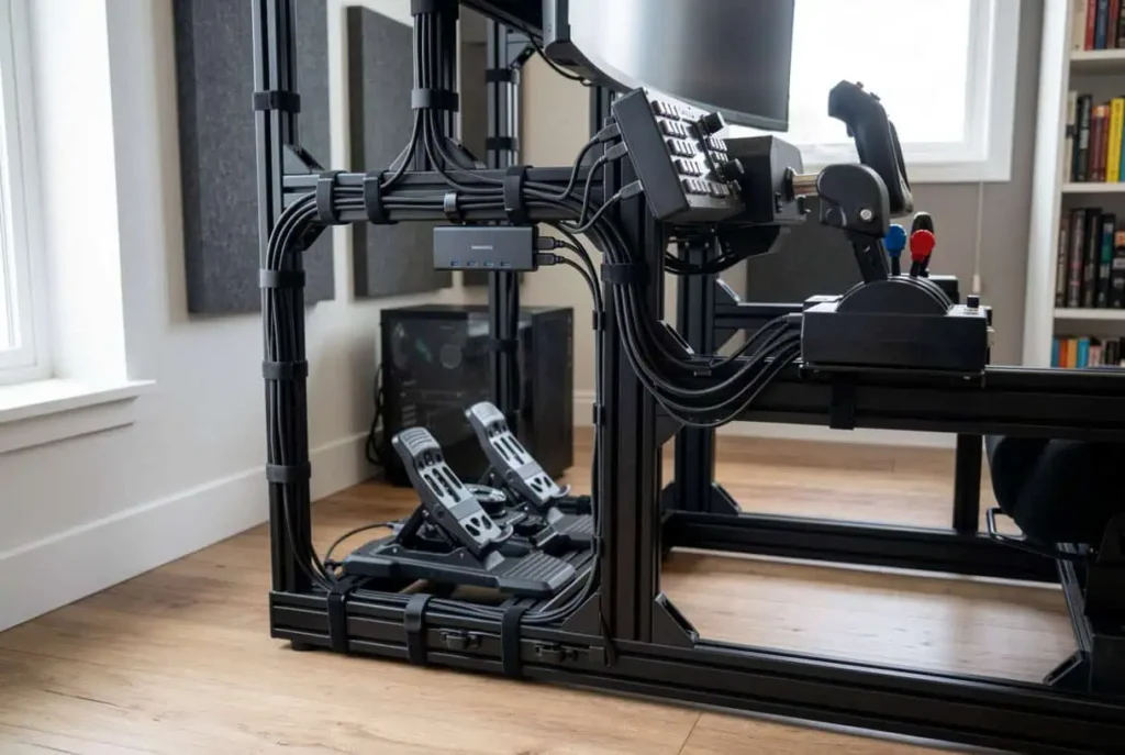 USB hub mounted near flight simulator controls for shorter cable runs