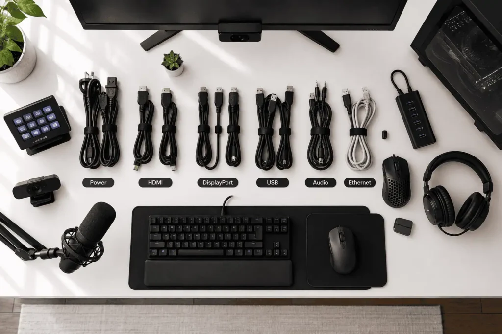 Streaming setup cables grouped into power USB HDMI audio and Ethernet before cable management