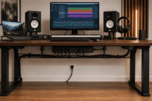 Clean home recording studio with organized cable management under the desk and behind the recording setup
