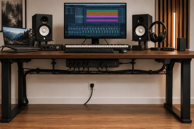 Clean home recording studio with organized cable management under the desk and behind the recording setup