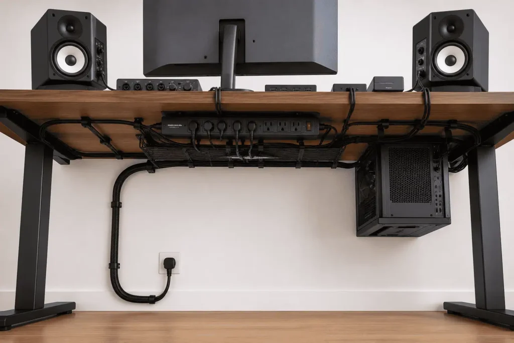 Under desk cable management in a home recording studio with mounted power strip and cable tray