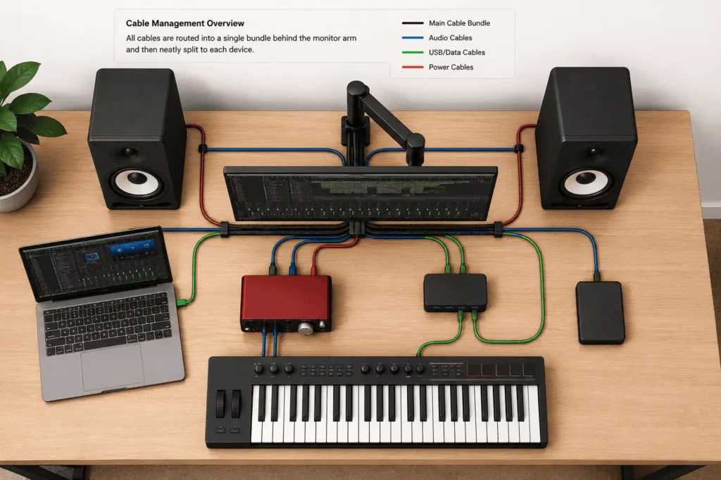 One main cable route behind a home recording studio desk