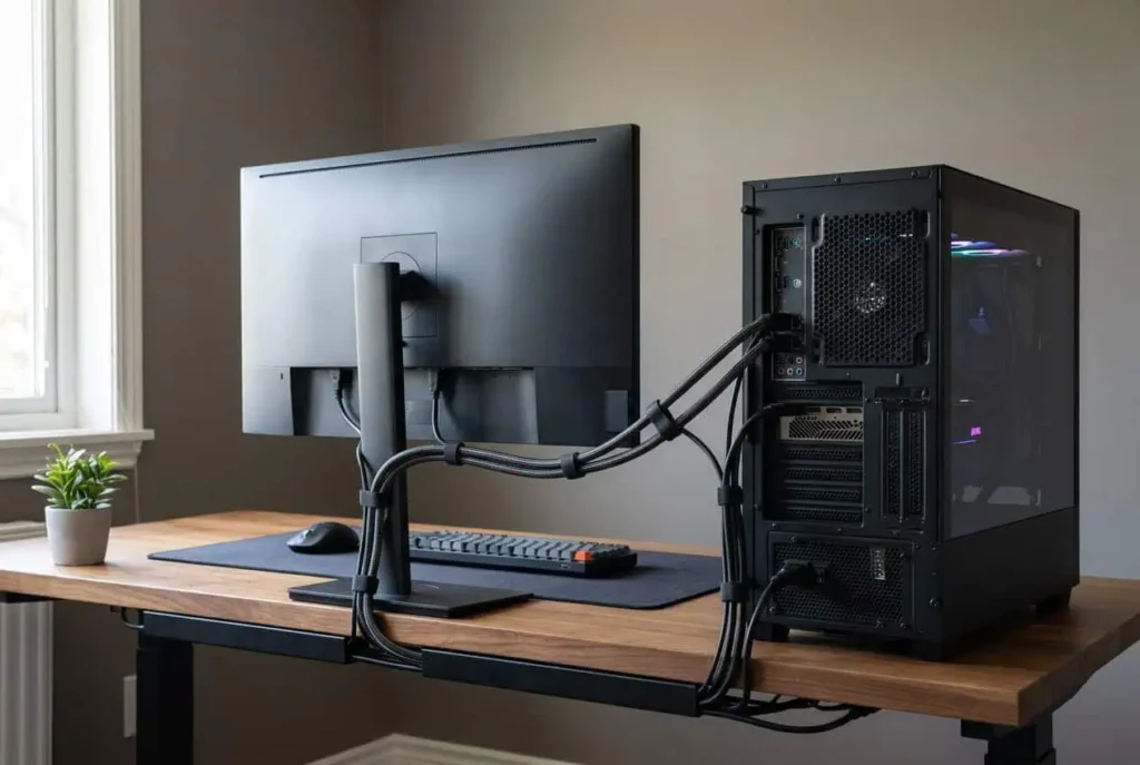 How to manage HDMI and DisplayPort cables on a PC desk