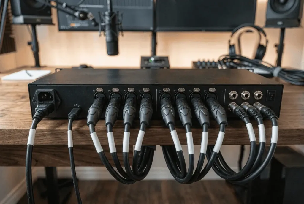 Labeled USB, XLR, TRS, and power cables behind an audio interface
