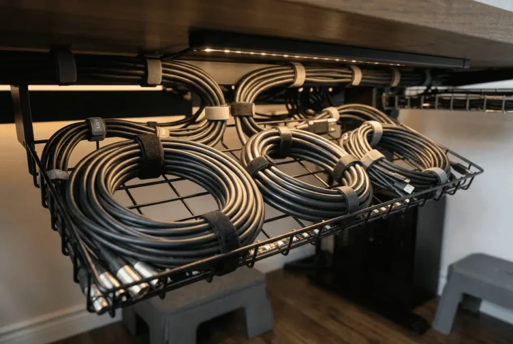 Properly coiled cable slack secured with reusable Velcro straps