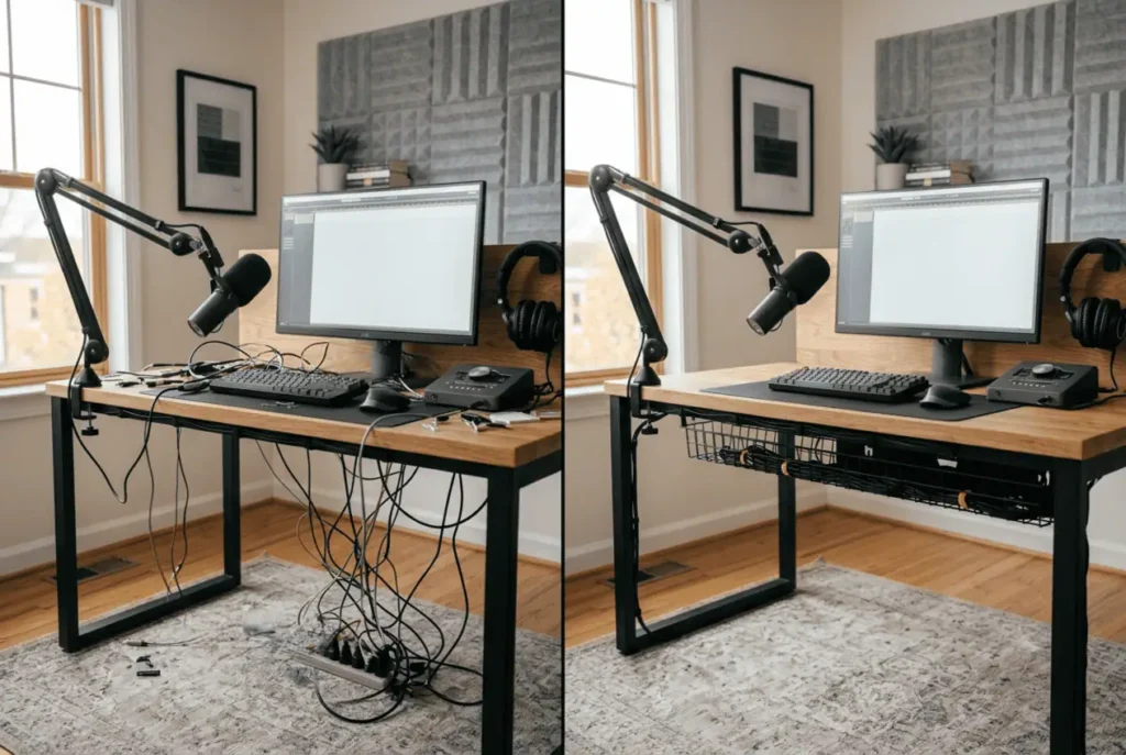 Before and after podcast desk cable organization