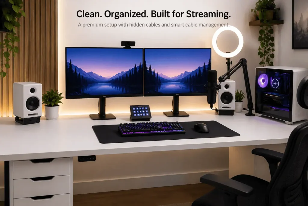 Fully organized streaming workstation with clean cable management and hidden cables