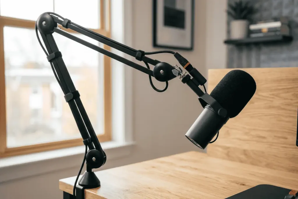 Microphone cable neatly routed along podcast boom arm