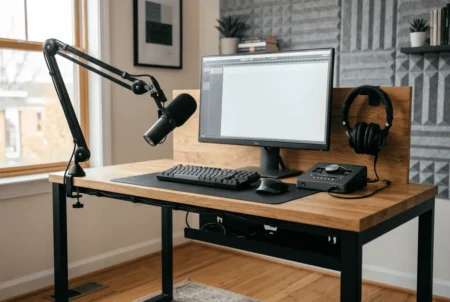 Podcast desk cable management with organized microphone, monitor, and hidden cables