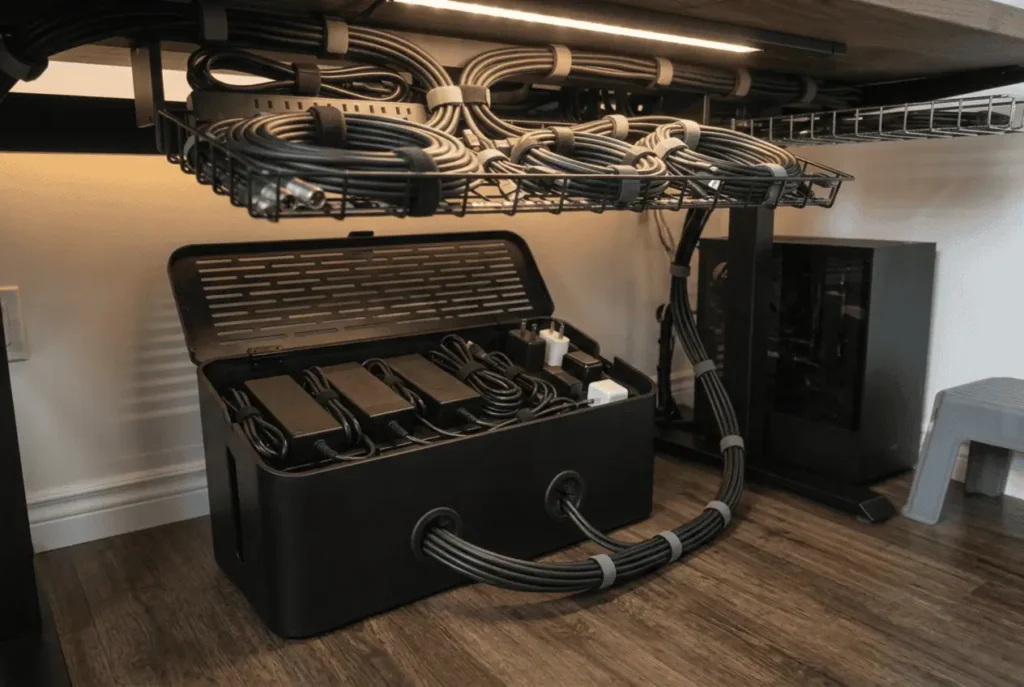 Organized power bricks and wall adapters inside a cable management box