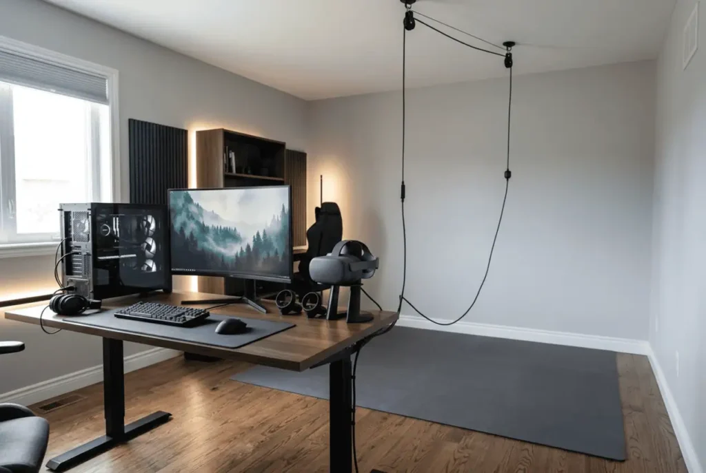 Quest Link Cable Management: 8 Simple Fixes to Stop Cable Tug and Play More Comfortably Quest Link cable management using a ceiling pulley system in a clean PC VR setup