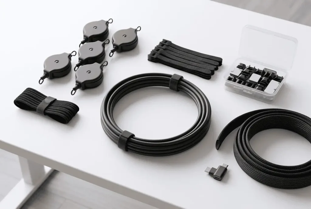 Quest Link cable management accessories including pulley kit, Velcro ties, cable clips, cable sleeve, and USB-C adapter