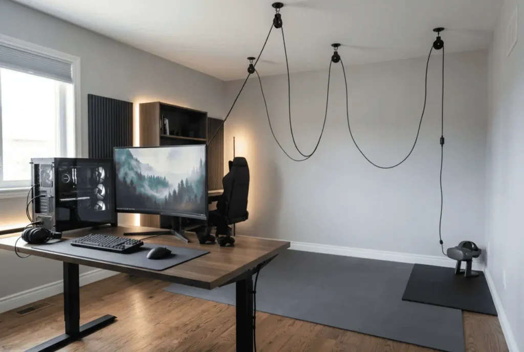 Ceiling pulley system routing a Quest Link cable above a VR play area