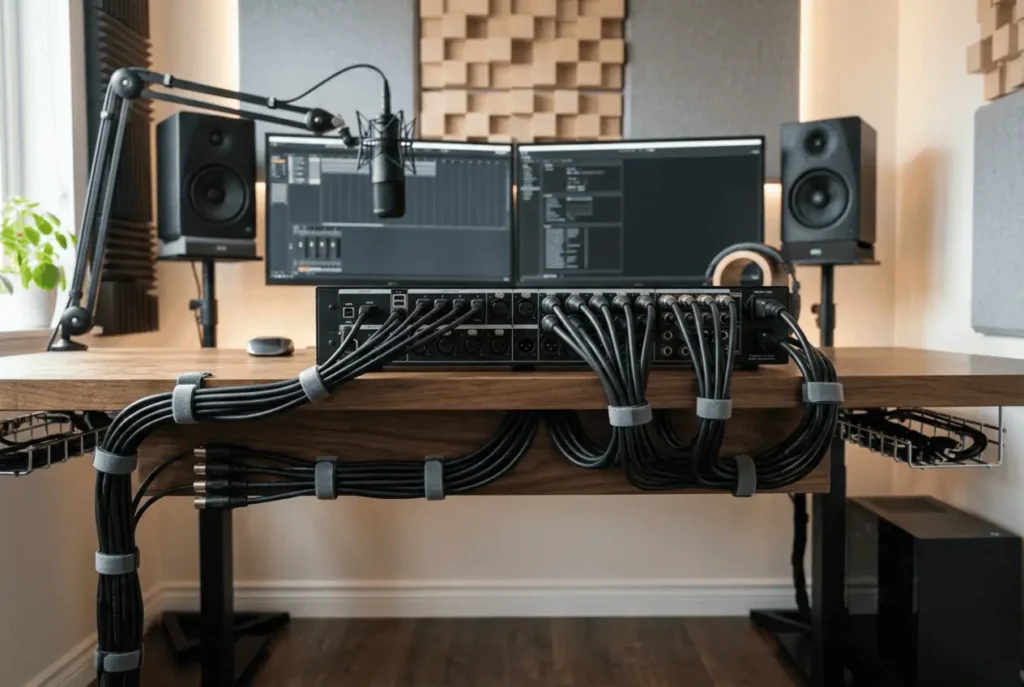 Separate USB, XLR, TRS, MIDI, and power cables behind an audio interface