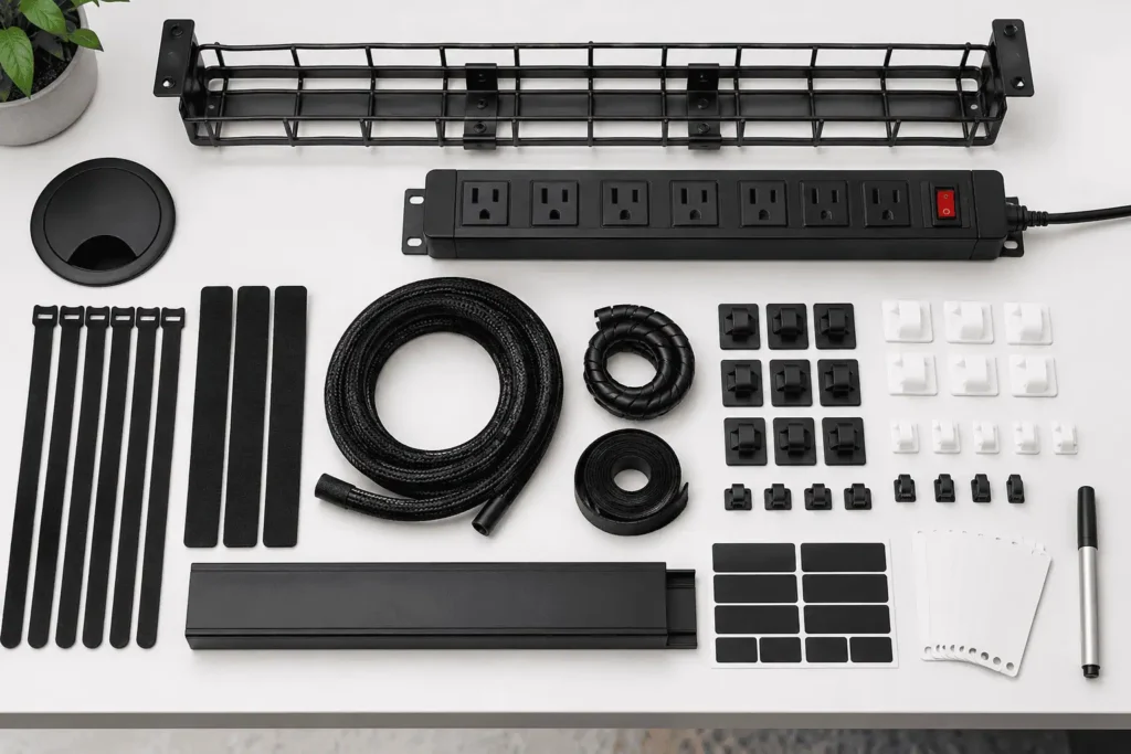 Cable management accessories including cable tray cable sleeve raceway desk grommet and hook and loop ties