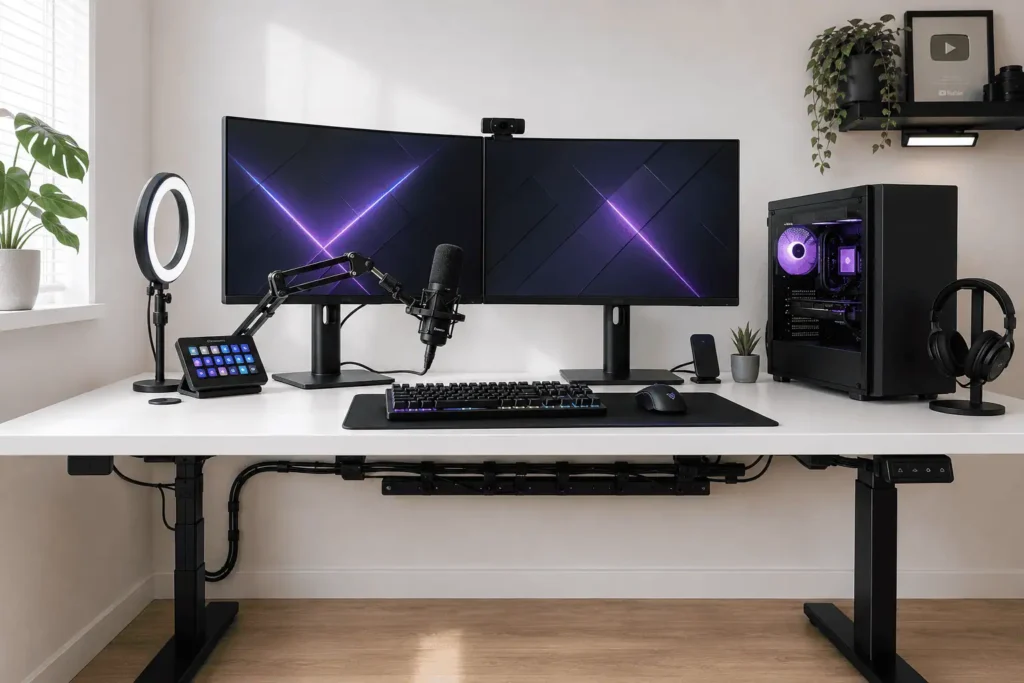 Streaming Setup Cable Management: 11 Smart Ways to Organize Your Desk Without Starting Over Organized streaming setup with hidden cables under a desk using a cable tray and monitor arm