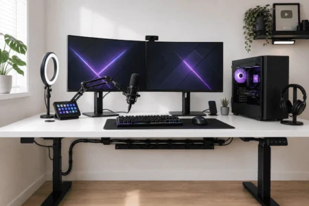 Organized streaming setup with hidden cables under a desk using a cable tray and monitor arm