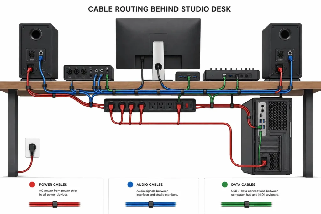 Power audio and data cable routing for a home recording studio