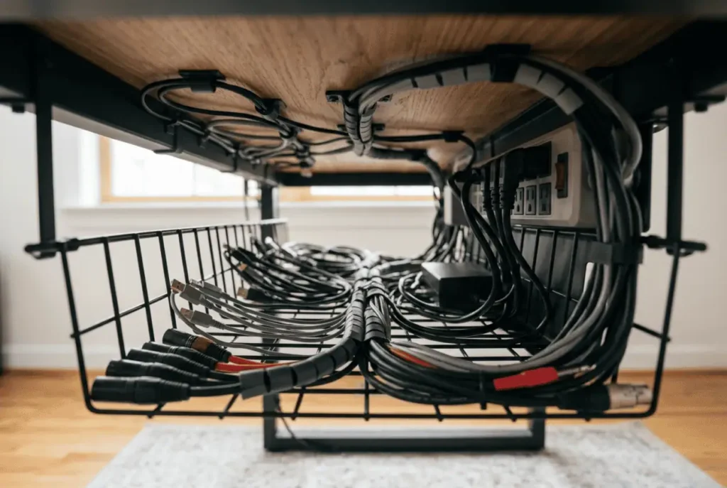 Under desk cable management using cable tray and cable clips