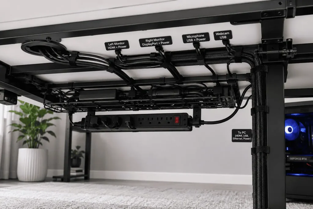 Under desk cable routing using cable tray power strip desk grommet and cable sleeves