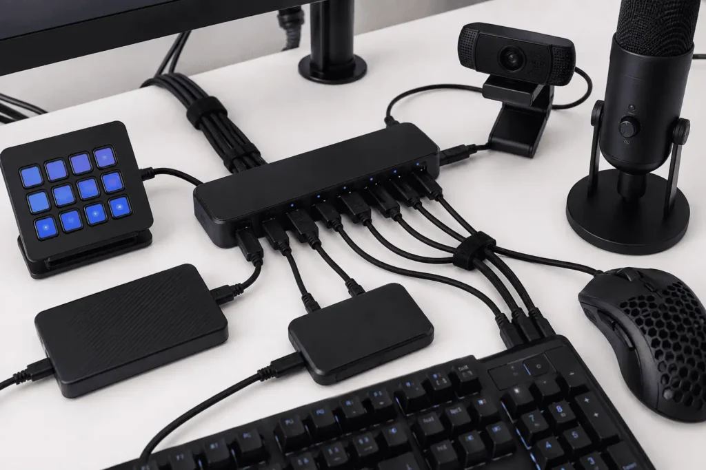 USB hub connecting Stream Deck webcam microphone keyboard mouse and external SSD